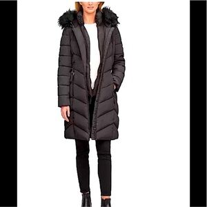 Calvin Klein Faux Fur Long Puffer Jacket Coat Gray Black Faux Leather Large